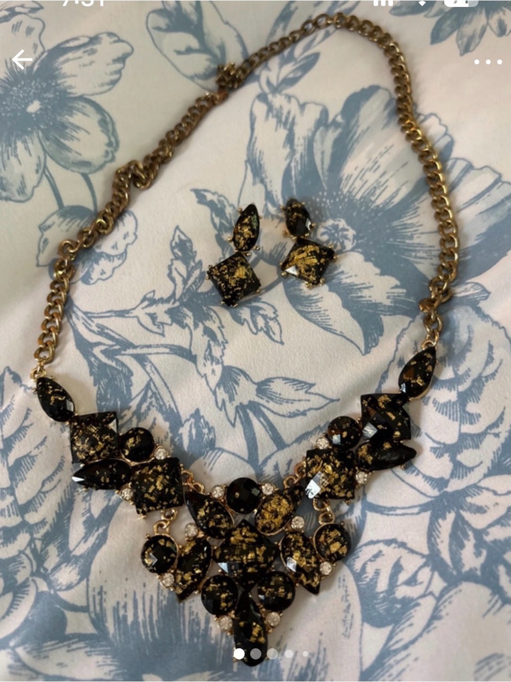Vintage Black and Gold Bib Necklace with Matching Earrings